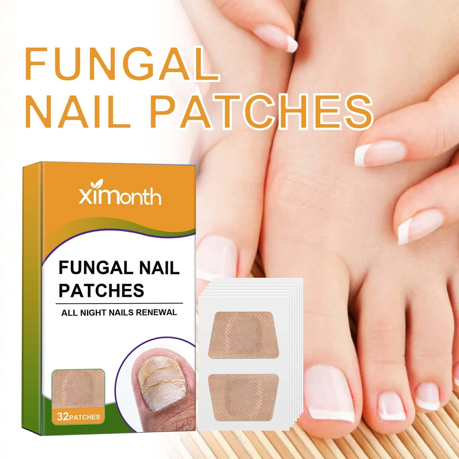 Fungal Nail Patches box and patches, designed for effective fungal nail repair patches and nail care.